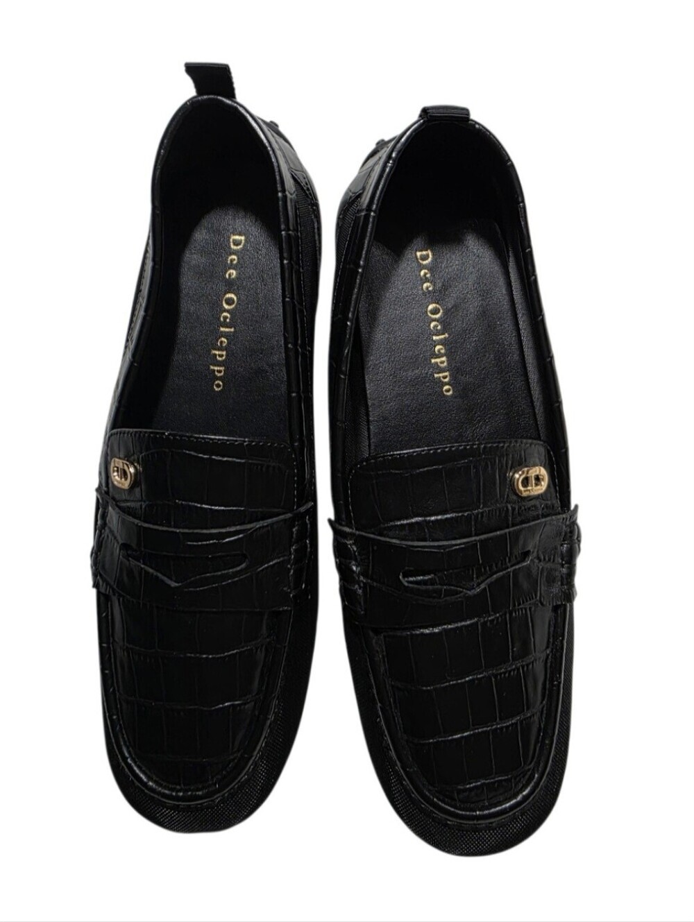 Dee Ocleppo Black Croc Embossed Driving Loafers Gold Logo Women's Size 6
